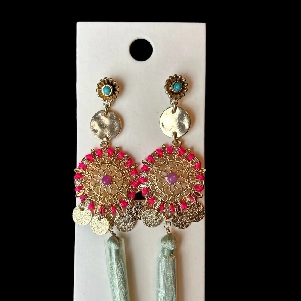 Statement Long Dangle Pierced Earrings From Express Gold Charms Beads & Fringe